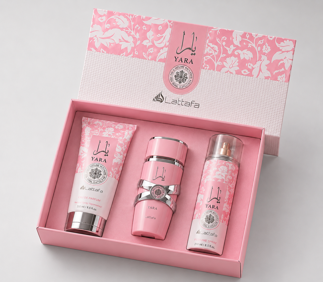 KIT Lattafa Yara 100ml · Perfume + Crema + Splash