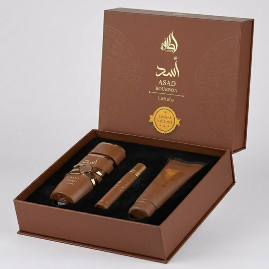 KIT Lattafa Asad Bourbon · Perfume + Splash + Crema 100ml