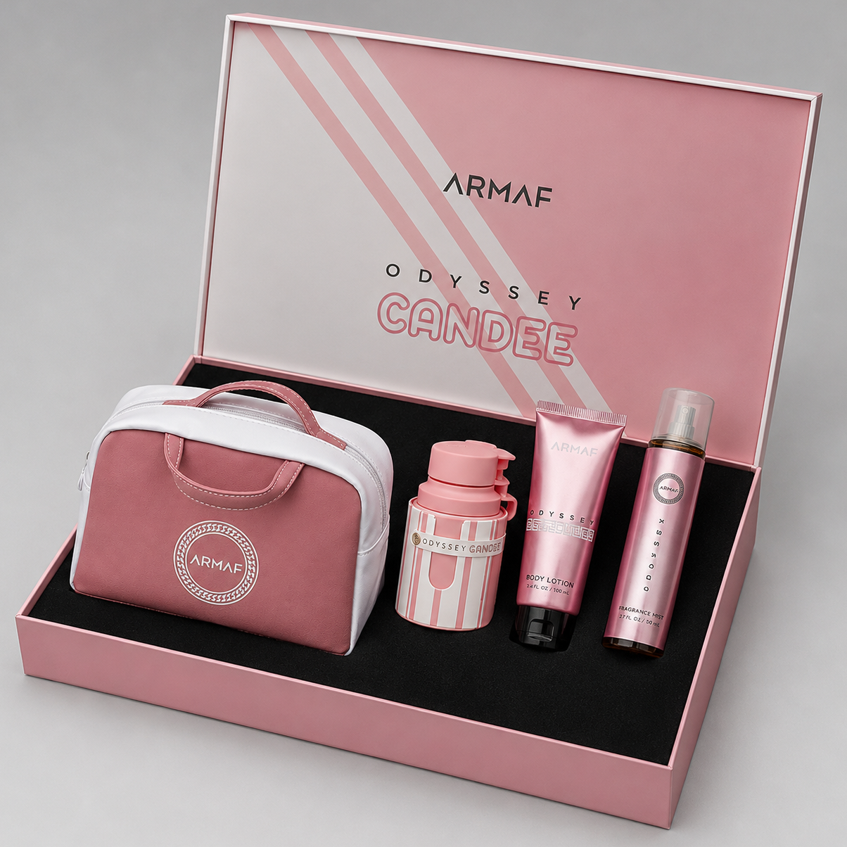 KIT Odyssey Candee 100ml · Perfume + Crema + Splash + Bolso Exclusivo