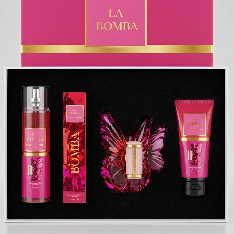 KIT Carolina Herrera La Bomba · Perfume + Splash + Crema + Bala