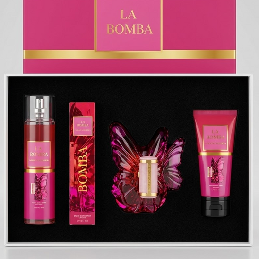 KIT Carolina Herrera La Bomba · Perfume + Splash + Crema + Bala