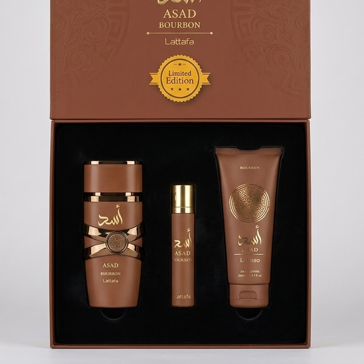 KIT Lattafa Asad Bourbon · Perfume + Splash + Crema 100ml