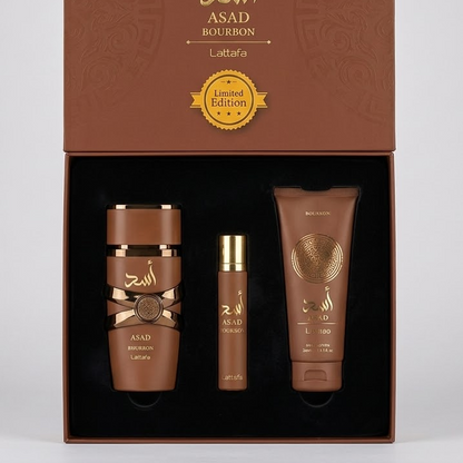KIT Lattafa Asad Bourbon · Perfume + Splash + Crema 100ml