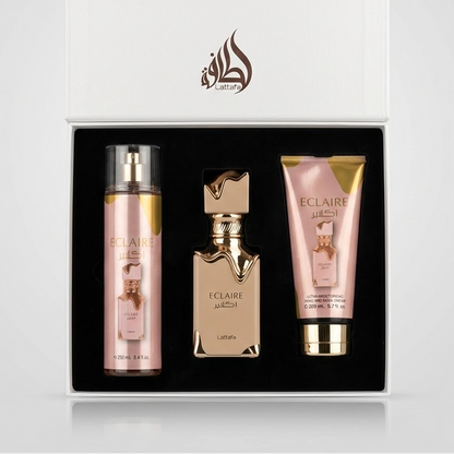 KIT Lattafa Eclaire · Perfume + Crema + Splash