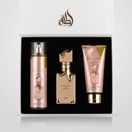 KIT Lattafa Eclaire · Perfume + Crema + Splash