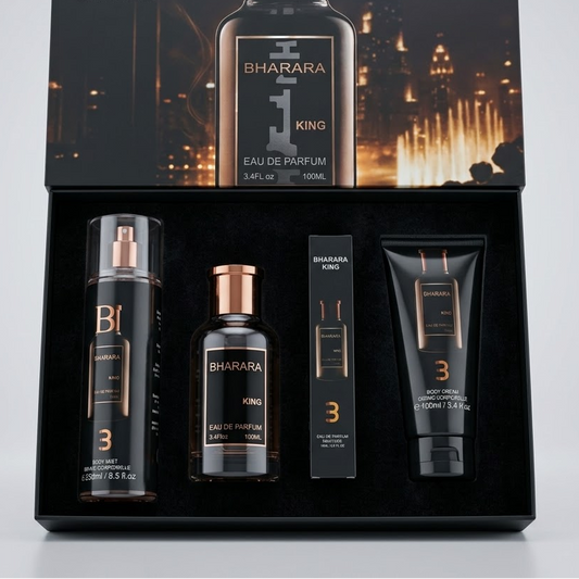 KIT Bharara King · Perfume + Splash + Crema + Perfumero