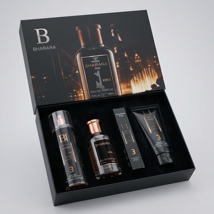 KIT Bharara King · Perfume + Splash + Crema + Perfumero